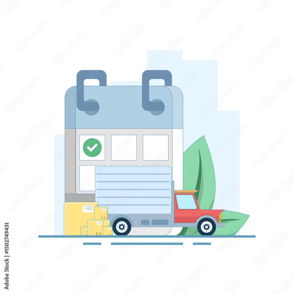 Poster delivery by date concept. delivery schedule with trucks and calendar. delivery tracking system recei