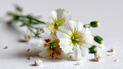 Obraz premium Delicate White Flowers Close up on Light Gray Surface