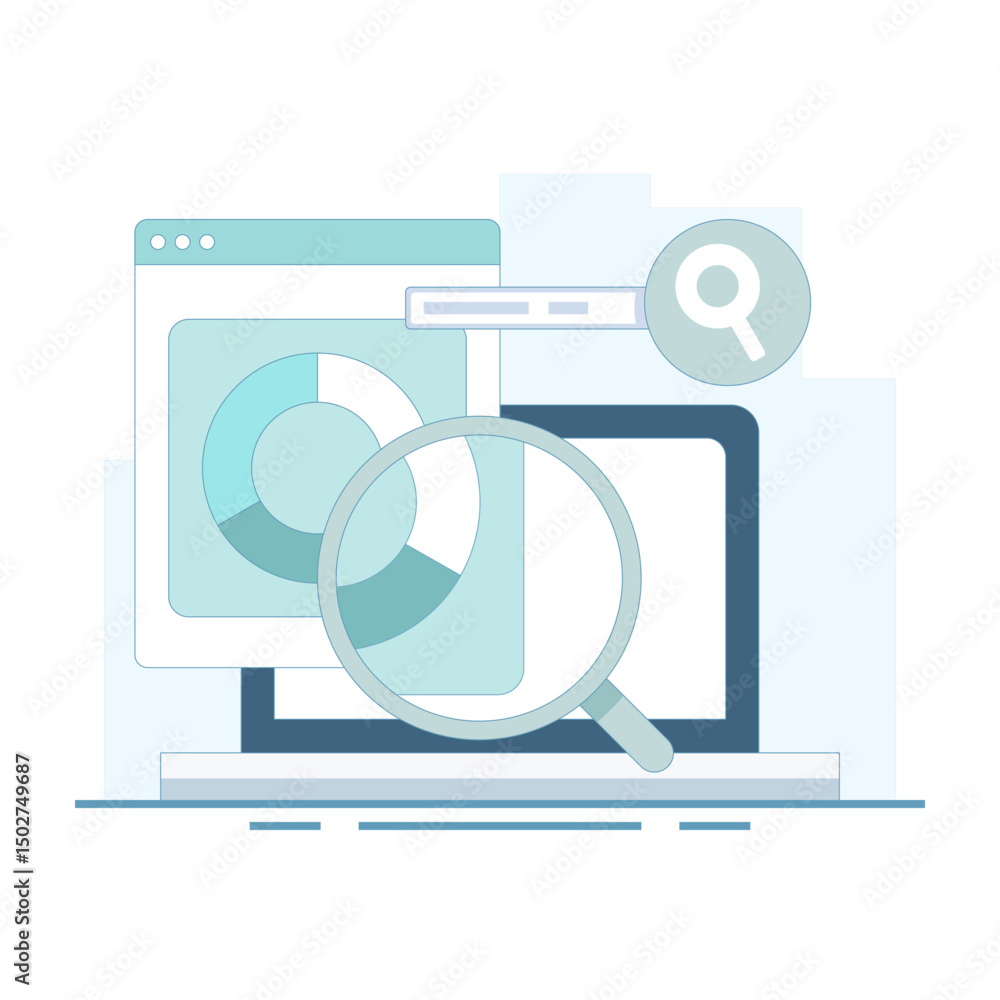 Poster illustration of laptop with data analysis tools. marketing campaign analysis, website traffic data a
