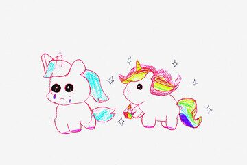 two colorful unicorn friends on a white background