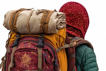 Rear View of Traveler with Red Headscarf and Green Jacket Carrying a Backpack