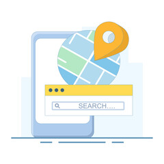 concept of finding location on map. Search Bar and Pin. GPS and Navigation Symbol. GPS Pointer Marker. Elements for Maps, Social Media, Mobile Apps. flat design illustration on background.