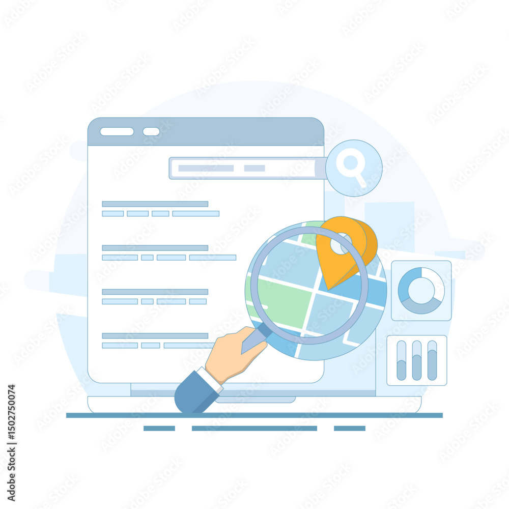 Poster seo concept, search engine optimization, search engine result page with map for business. search eng