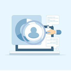 Marketing analysis and development concepts. Getting to know customers better. Using a magnifying glass to view customer reviews. Business statistical graph analysis.