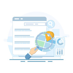 SEO Concept, Search Engine Optimization, Search Engine Result Page with Map for Business. Search Engine Map, Search Engine Displays Business Location in Search Results. Simple Illustration.