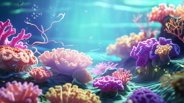 Colorful coral reef with sunlight and sea plants in clear ocean water