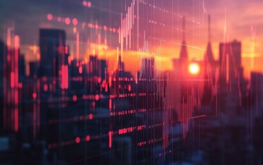 Financial data overlaying cityscape at sunset.  Overlay of stock market charts, graphs, and data points on a blurred cityscape with warm sunset glow