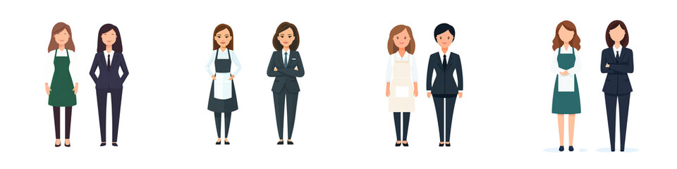 Obraz premium Female professionals and workers in various uniforms and business attire standing in pairs.