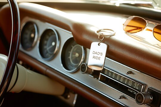 Fototapeta Dads Ride Classic Car Keys Sunglasses Dashboard,