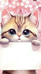 Adorable Kitten with Big Eyes, Cherry Blossoms Background