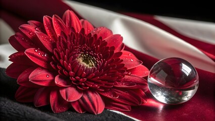 A close up of a red gerbera daisy with water droplets and a glass ball on a striped background