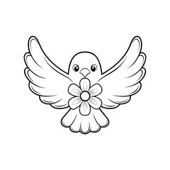 Adorable black and white dove with a flower symbolizing peace and nature in simple lines