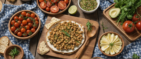 Healthy Vegan Summer Snacks on Picnic Blanket with Wooden Plateware, Fresh Herbs, and Rustic Outdoor Styling for Natural Food and Wellness Concepts