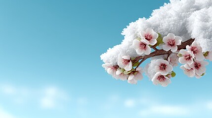 Snow Covered Delicate Pink Blossoms on Branch Against Blue Sky