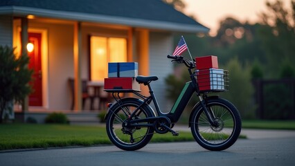 Fototapeta premium Modern Food Delivery Bike with Patriotic Decorations at Sunset
