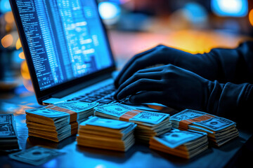 Hacker, laptop and credit card fraud for hacking, cloning and identity theft with person typing at night. Hands, tech and software for cyber crime, phishing scam or subscription with banking eft wire