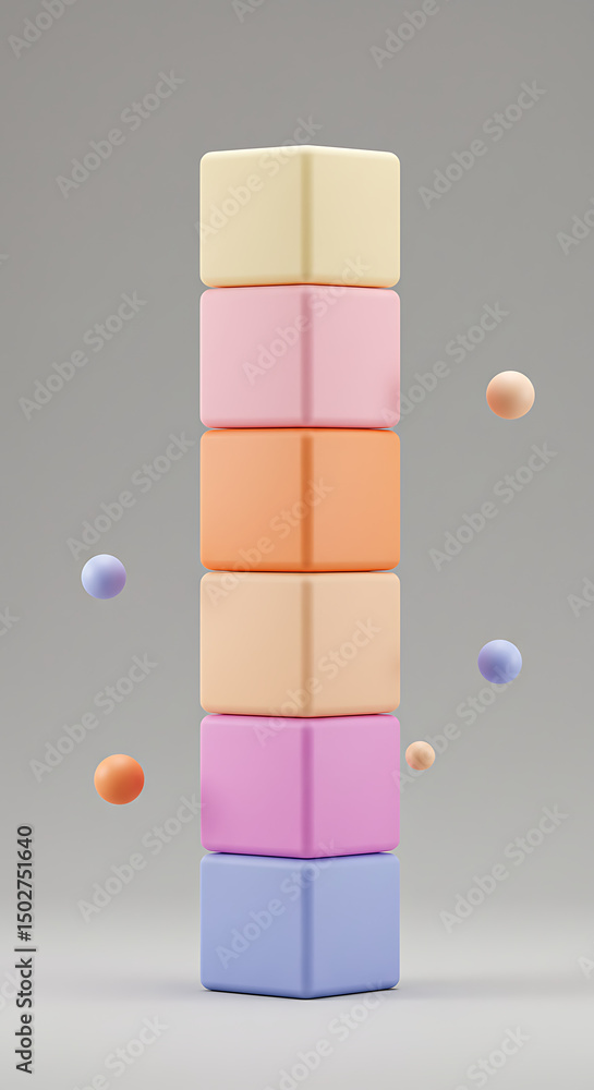 Aufkleber pastel colored cubes stacked with floating spheres abstract 3d render minimalist design
