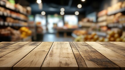 Rustic Wooden Tabletop  Blurred Grocery Store Background