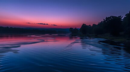 Serene Twilight River Pink and Blue Sunset Reflection