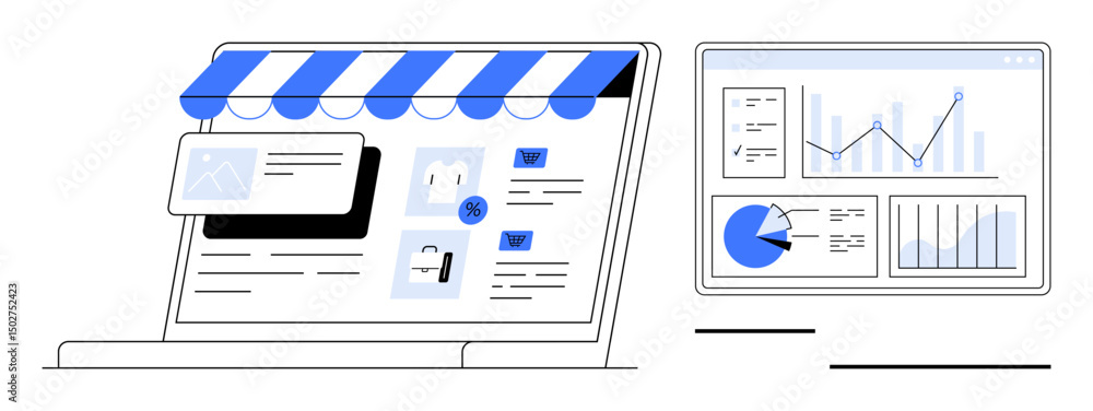 Poster online store interface with shopping elements alongside analytics dashboard displaying charts and gr