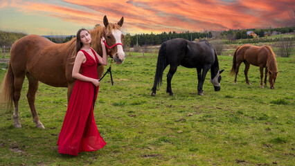 A woman with her horses in a sunset