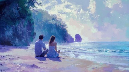 Fototapeta premium Romantic Couple Beach Sunset Seascape Painting