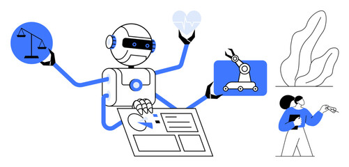 Robot with multiple arms juggling scales, heart, and robotic arm, alongside human interaction and nature. Ideal for AI ethics, automation, innovation, decision-making, future technology research