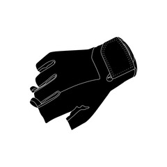 Solid black fill icon of workout gloves, fingerless design with detailed stitching, perfect for bold fitness, gym, or sports illustrations and signage.
