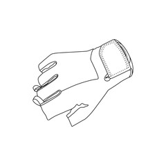Minimalist vector icon of workout gloves in outline style, showing detailed stitching and fingerless design, ideal for gym and fitness illustrations.