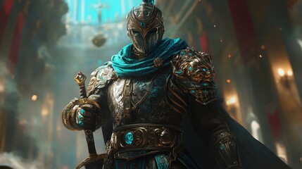 Obraz premium Majestic Warrior in Ornate Gold Armor Turquoise Jewels