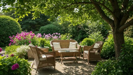 Peaceful garden patio with wicker furniture and plants