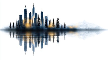 Reflective Cityscape at Dusk Dark Silhouettes and Warm Lights
