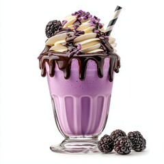 Refreshing Blackberry Milkshake Topped with Cream and Blackberries on White Background