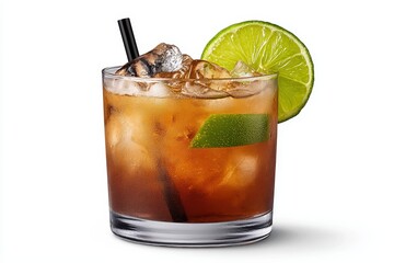 Refreshing Brown Cocktail with Lime Wedge and Ice in Rocks Glass