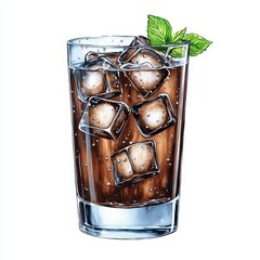 Refreshing Brown Drink with Ice and Mint in Tall Glass