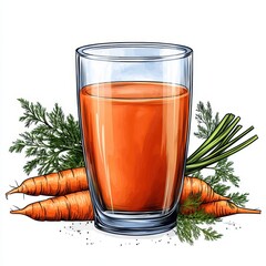 Refreshing Carrot Juice in Clear Glass with Fresh Carrots and Green Leaves