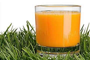 Refreshing Glass of Orange Juice in Lush Green Grass