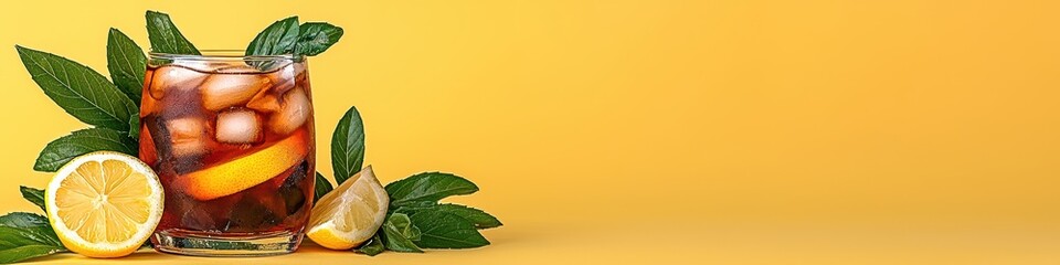 Refreshing Iced Tea with Lemon and Mint on Yellow Background