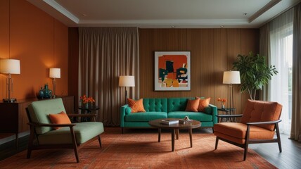 Fototapeta premium Mid-century modern living room with teal sofa, orange accents, wood paneling, and abstract artwork, illuminated by warm lighting
