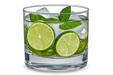 Refreshing Lime and Mint Drink with Ice in Clear Glass