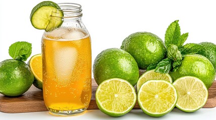 Refreshing Lime Drink with Mint and Ice in Glass Bottle