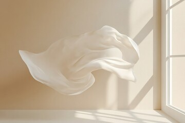 Cream-toned room, flowing white fabric