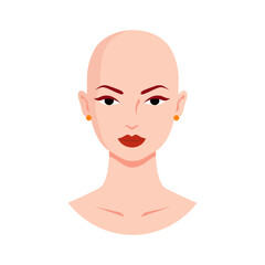 Avatar of bald young girl. Woman with alopecia. Cancer. Fight against cancer. Happy girl defeating cancer. Concept of self-acceptance, self-love, body care. Individuality.Vector illustration isolated