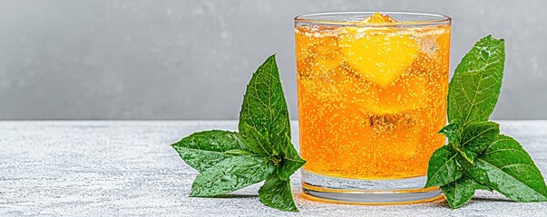 Refreshing Orange Bubbly Cocktail with Mint on White Wood Against Soft Grey