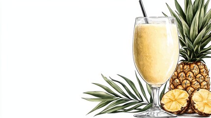 Refreshing Pineapple Smoothie with Whole and Sliced Pineapple on White Backdrop