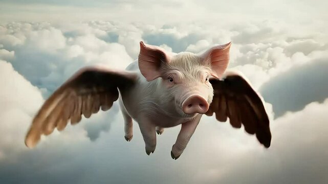 Winged pig soaring through cloudy sky