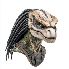Reptilian Creature Bust Close up of Textured Tan, Green, and White Skin with Black Dreadlocks