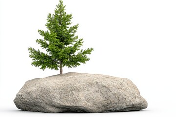 Resilient Evergreen Tree on Gray Rock Against White Background