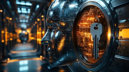 Fototapeta premium Cybernetic head, key to access