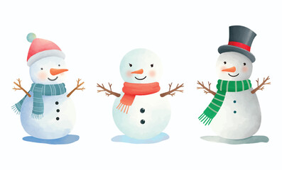 Set of christmas snowmans in watercolor vector illustration isolated on white background. Cheerful snowmen collection in different costumes, scarf, hat for children, book, asset, story, xmas card.